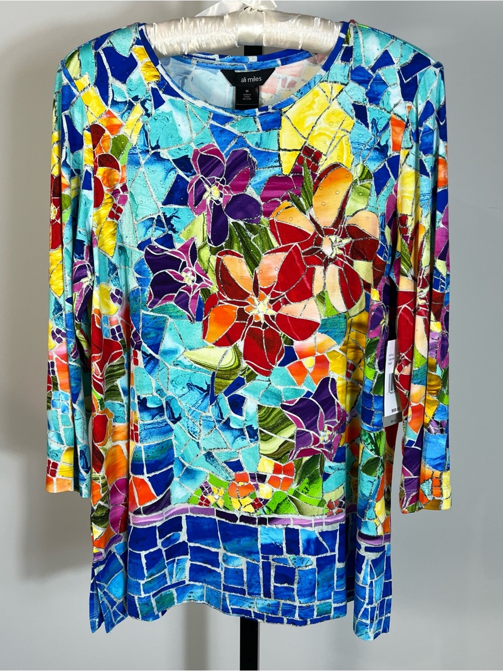 Ali Miles Embellished Multicolor Mosaic Stain Glass Design Top M NWT
